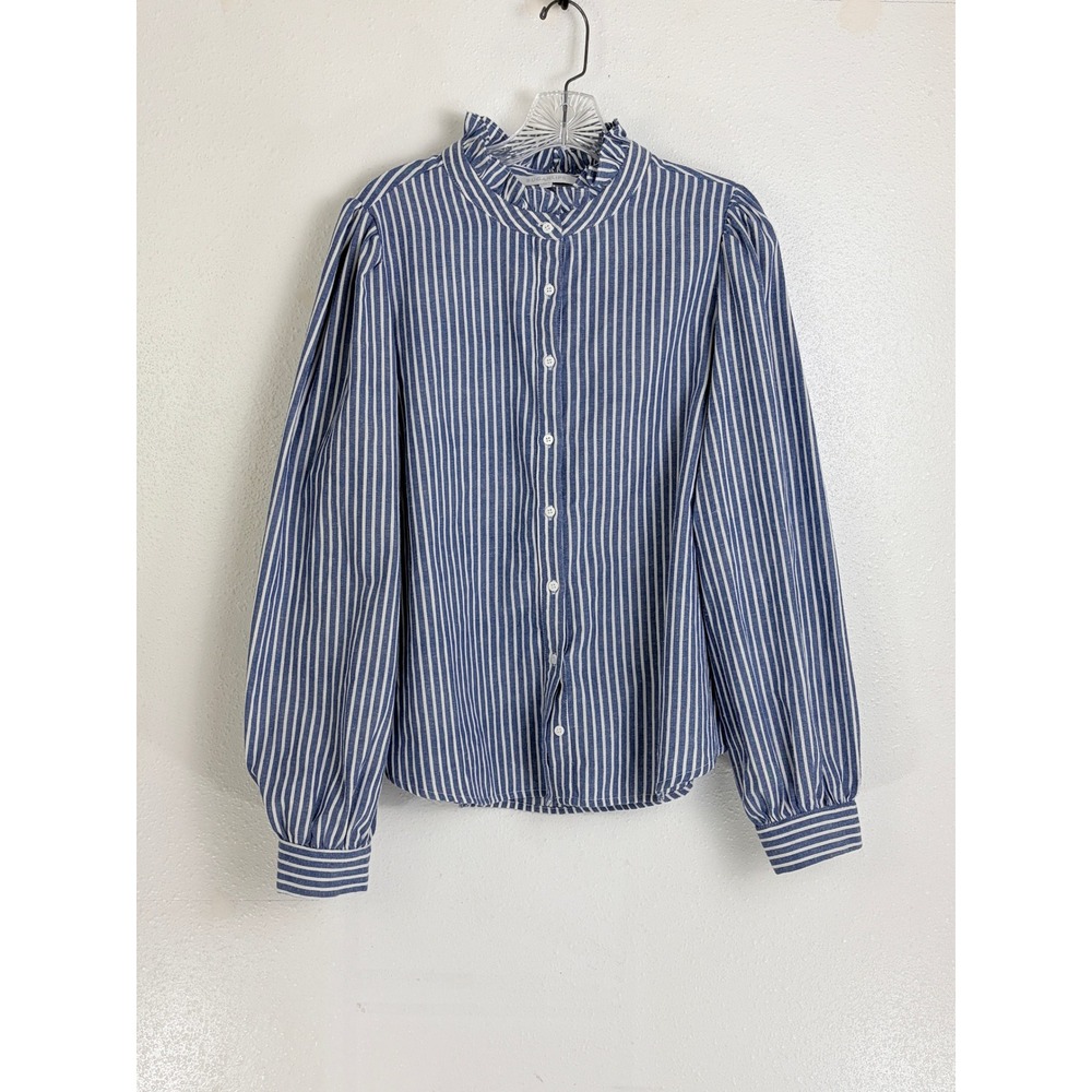 Sugarlips Button Down Shirt Blue White Striped Ruffle Neck Puff Sleeve Large